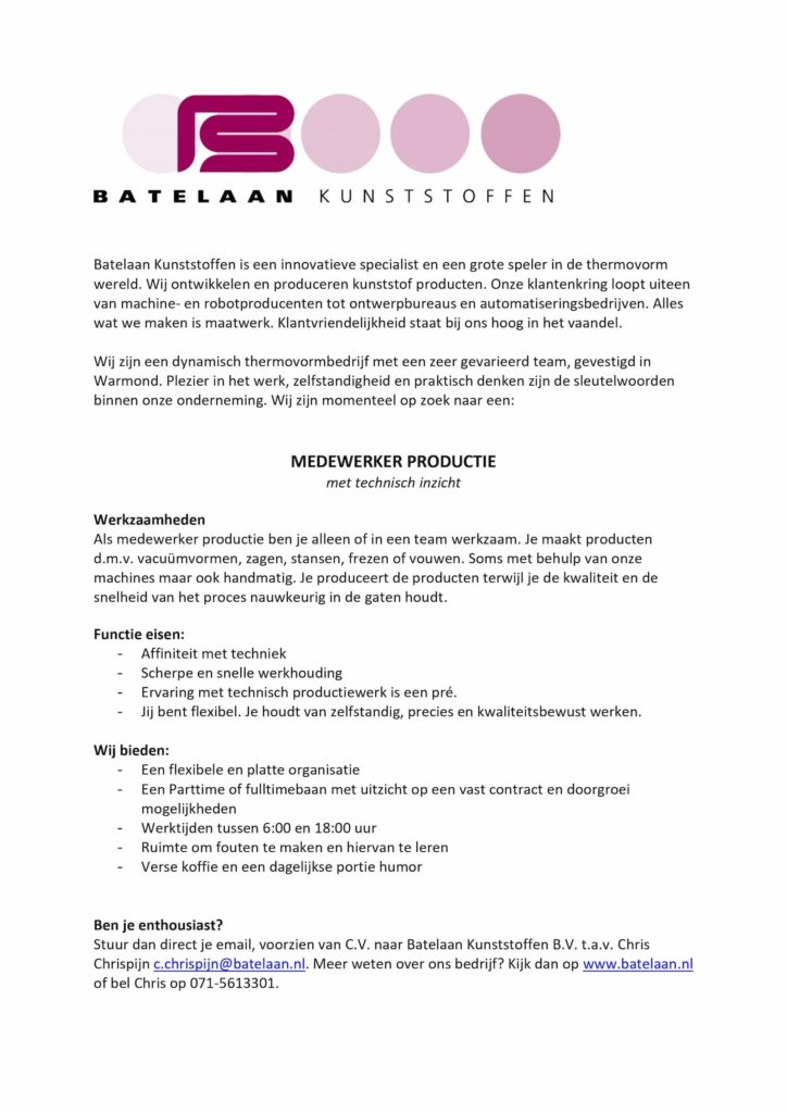 Vacature medewerker productie 2021